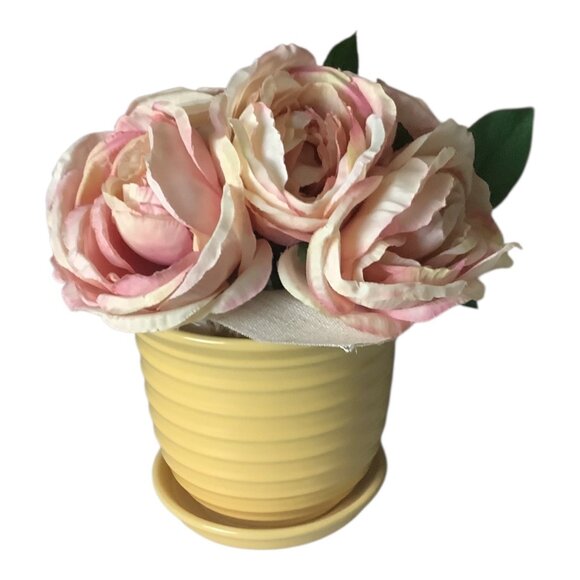 Shabby Chic Pink Faux Peony Floral & Yellow Ribbed Ceramic Pot Set Home Decor - Picture 1 of 11